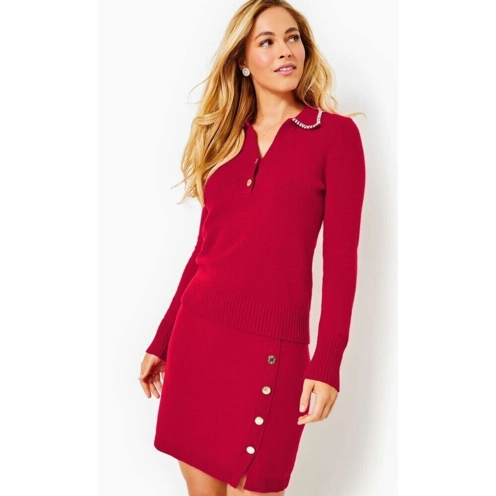 Lilly Pulitzer Berry Red Knit Sweater Skirt with Gold Logo Buttons New Size M